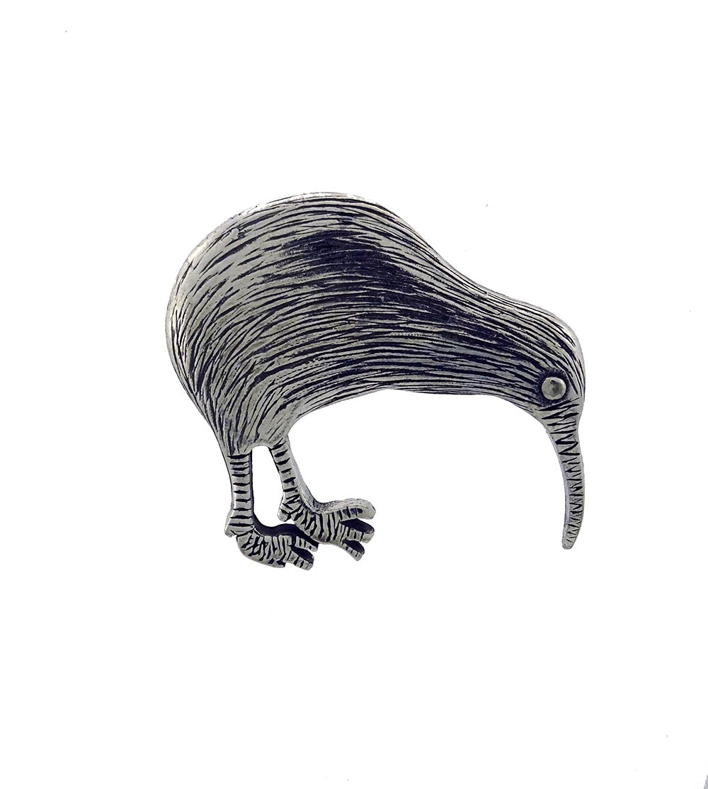 Brooch pewter kiwi with n z