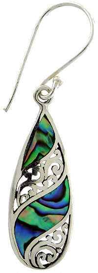 E/R NZ Paua & stg silver teardrop w spiral 25x10mm