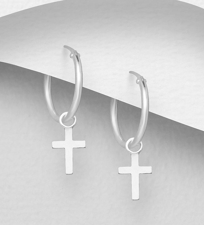Cross charm on stg silver hoop