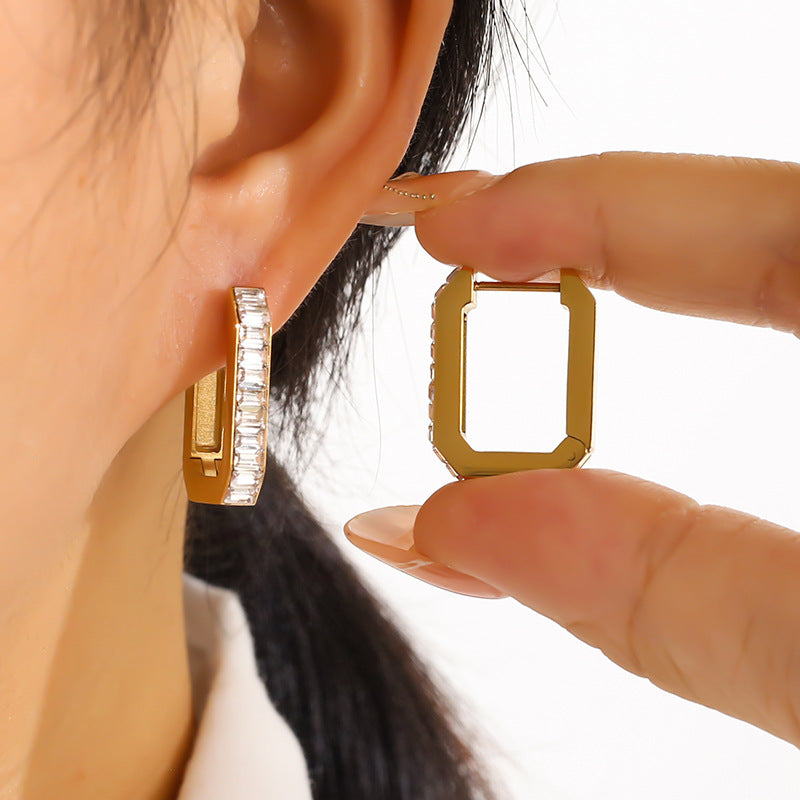 18k Gold Plated Stainless Steele Huggie with CZ rectangle 21mmx16mm