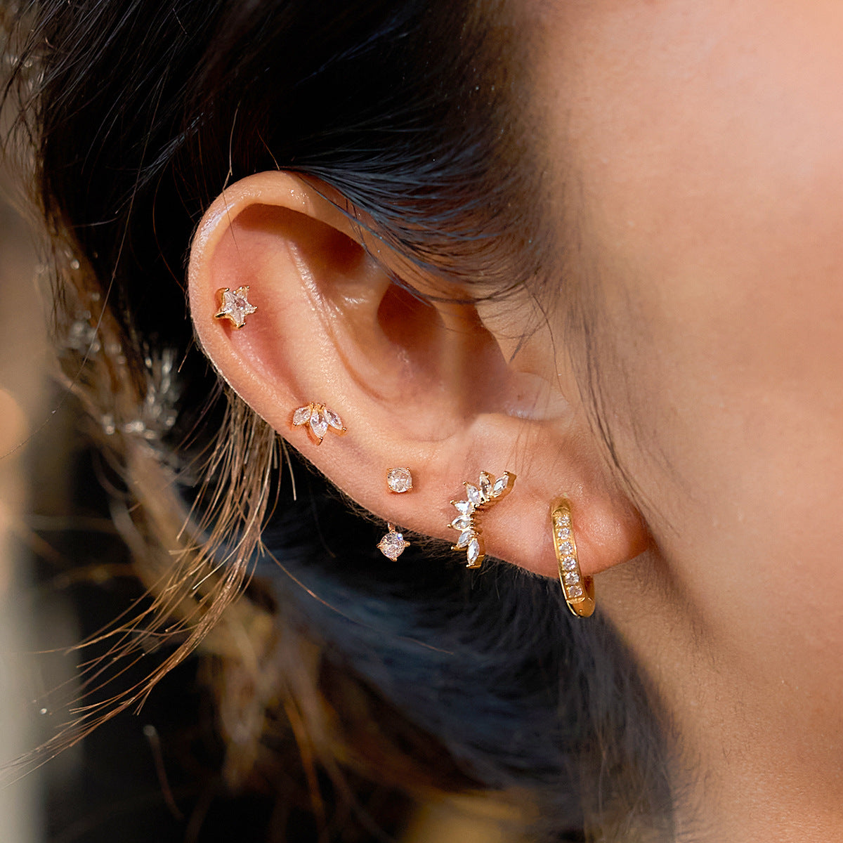 18K Gold Plated Stainless Steel set of 6 studs and Huggies assorted + CZ