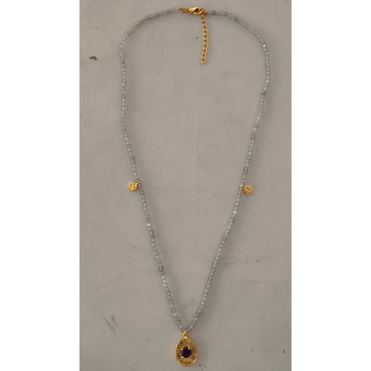 Labradorite Facet Beads & Amethyst Pendant Gold Plated on Brass 42 +3cm