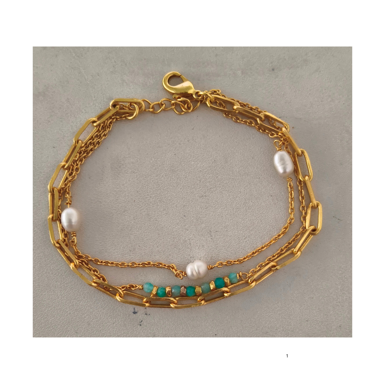 Pearl & Amazonite Facet 3x strings Gold Plated on Brass Bracelet