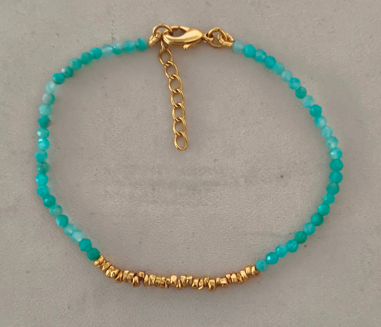 Amazonite Facet & Gold Plated Beads on Brass Bracelet 16+2cm