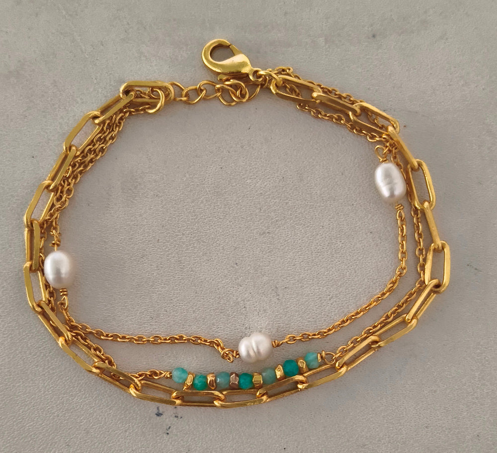 Pearl & Amazonite Facet 3x strings Gold Plated on Brass Bracelet