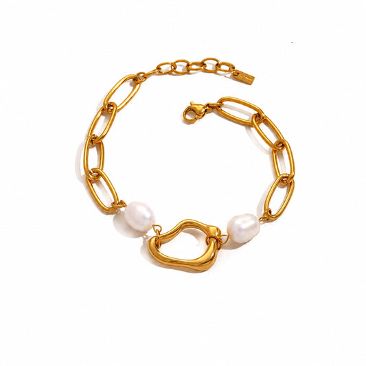 18K Gold Plated Stainless Steel & Fresh Water Pearl Bracelet ,2x Pearls , 19cm+3cm