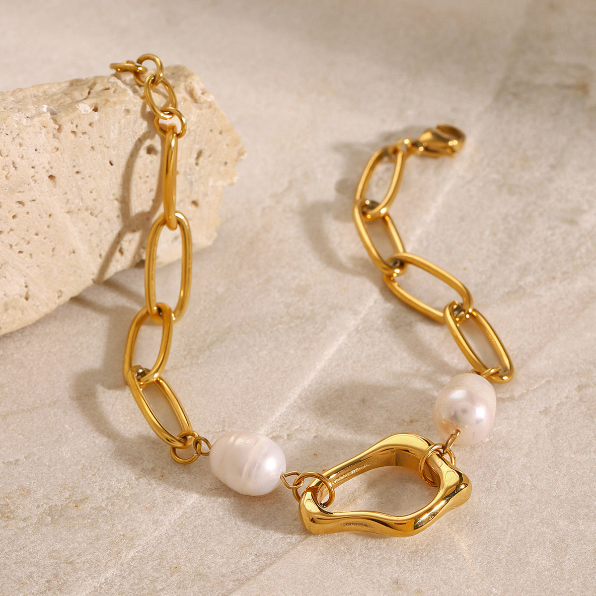 18K Gold Plated Stainless Steel & Fresh Water Pearl Bracelet ,2x Pearls , 19cm+3cm