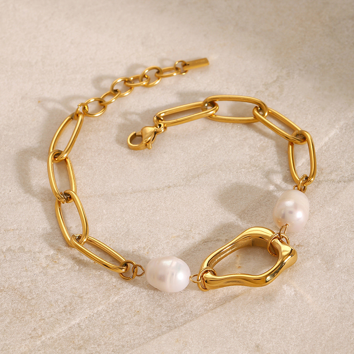 18K Gold Plated Stainless Steel & Fresh Water Pearl Bracelet ,2x Pearls , 19cm+3cm