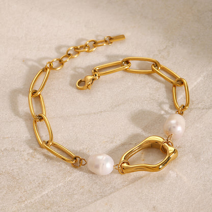 18K Gold Plated Stainless Steel & Fresh Water Pearl Bracelet ,2x Pearls , 19cm+3cm