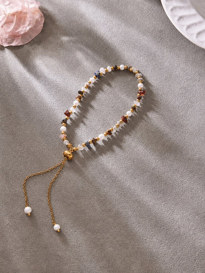 18K Gold Plates Stainless Steel lPearl & asst stones Bracelet 19 + 7cm