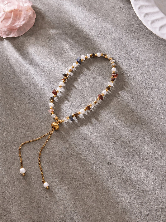 18K Gold Plates Stainless Steel lPearl & asst stones Bracelet 19 + 7cm
