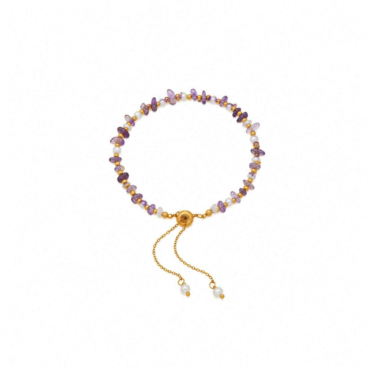 18K Gold Plated Stainless Steel Pearl & Amethyst Bracelet 19 + 7cm