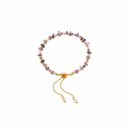 18K Gold Plated Stainless Steel Pearl & Amethyst Bracelet 19 + 7cm