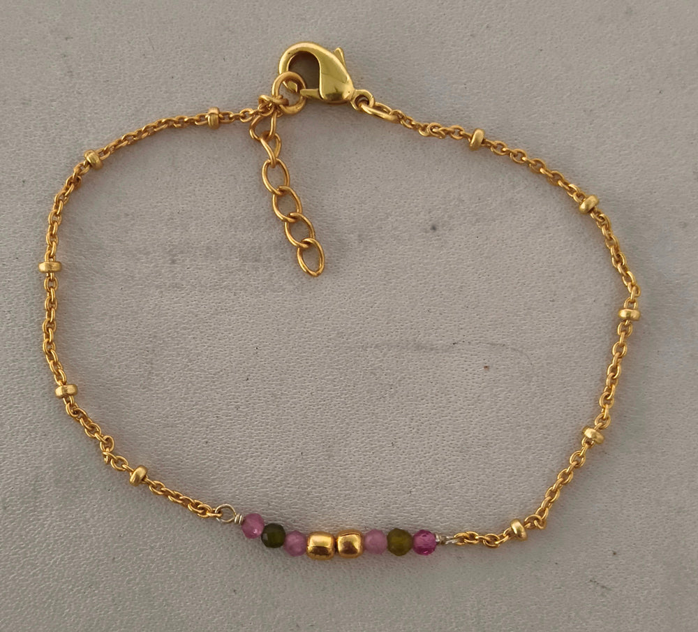Multi Tourmaline Facet Beads & Gold Plated on Brass Beads & Fine Chain Bracelet 16+2cm