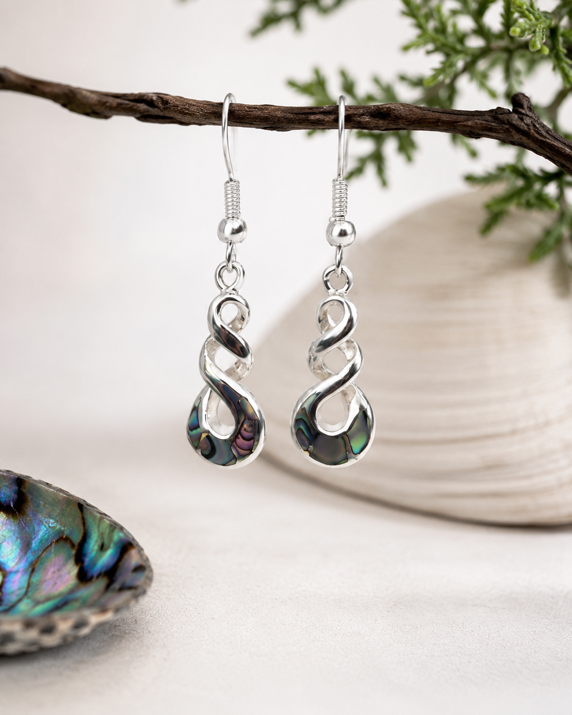Stg Silver Plated on Brass E/R & Paua Shell Triple Twist