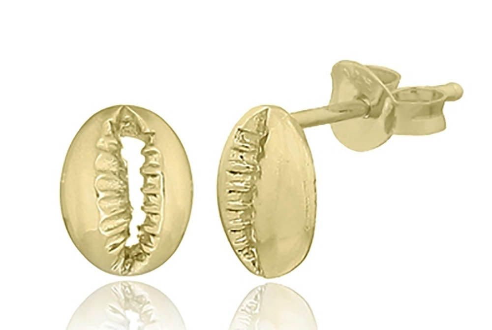 Earring Stud Gold Plate Cowrie Shell 8x5mm stg silver &  1 micron GP + E coat