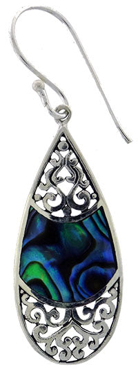 E/R NZ Paua & stg silver teardrop w spiral pattern 30x10mm