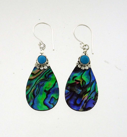 EP427  NZ Paua Shell  & Turquoise 3mm cabachon Earring Teardrop