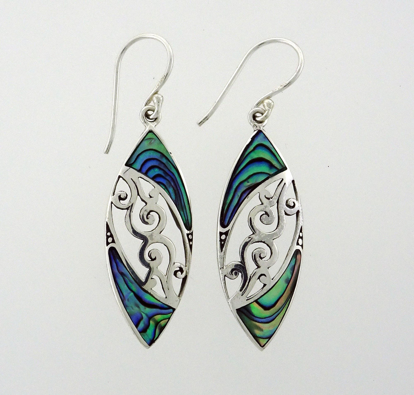 NZ Paua Shell & Spirals 32x15mmSterling Silver Earrings