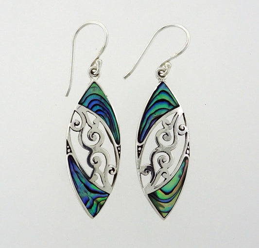 NZ Paua Shell & Spirals 32x15mmSterling Silver Earrings