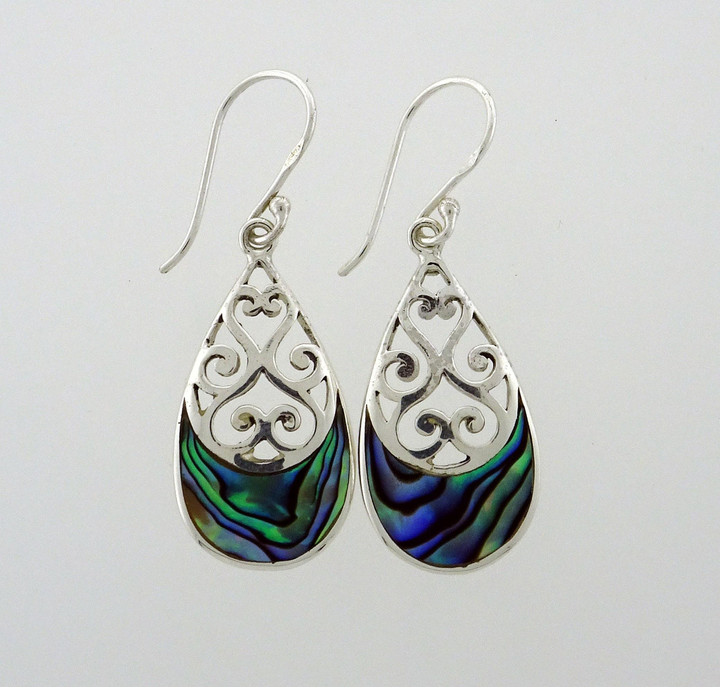 NZ Paua Shell +Spirals stg silver 23x13m Teardrop Earring