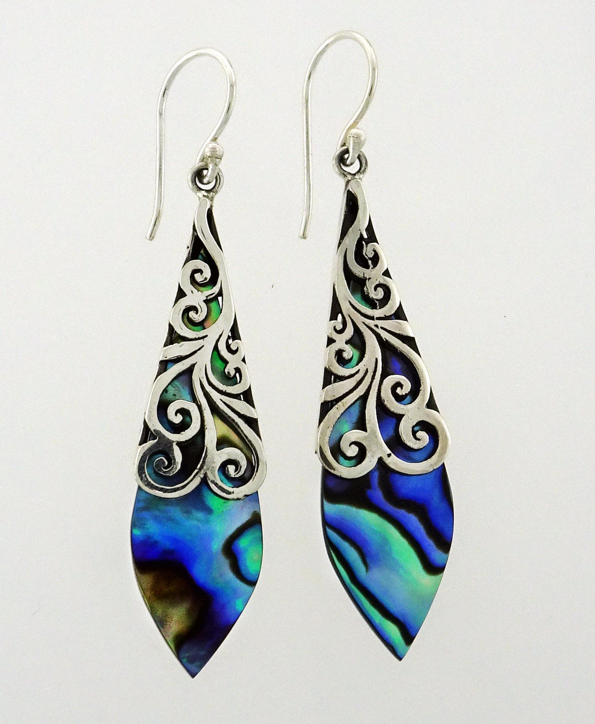 NZ Paua Shell + Spirals stg Silver 40x12mm Earrings