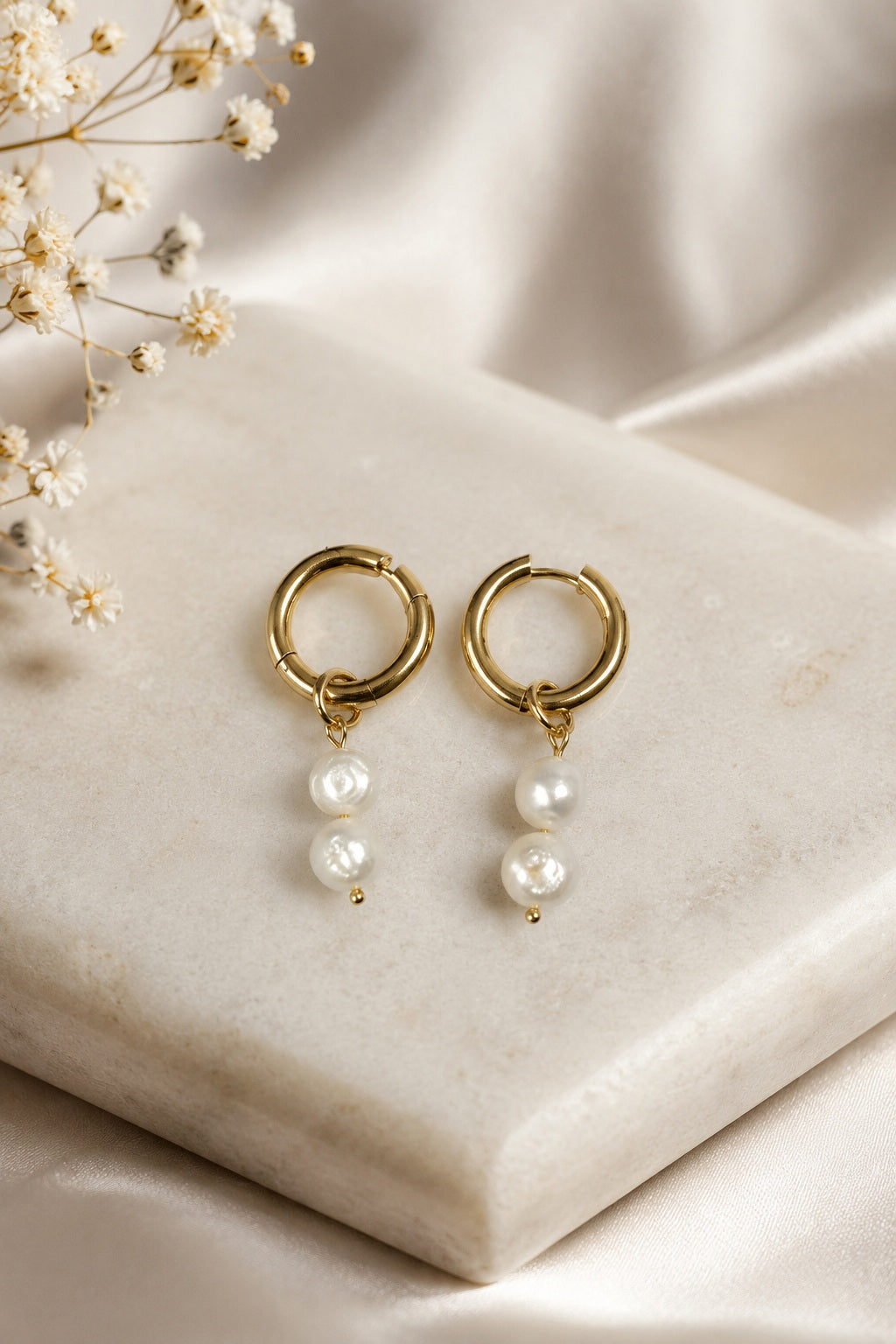 18K Gold Plated Stainless Steel & 2x Freshwater Pearl 23mm Hoop Earrings