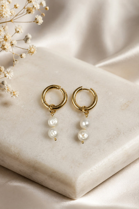 18K Gold Plated Stainless Steel & 2x Freshwater Pearl 23mm Hoop Earrings