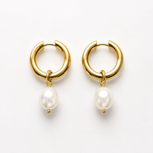 18K Gold Plated Stainless Steel & Freshwater Pearl 23mmHoop Earring