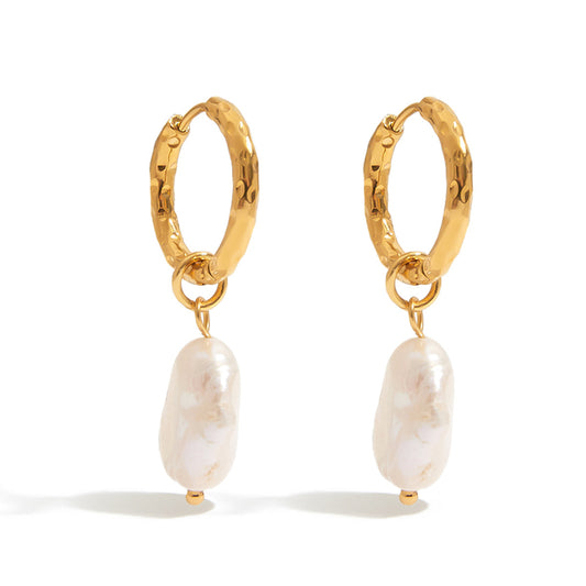 18K Gold Plated Stainless Steel &amp; Freshwater Pearl 14mm Hoop Earring