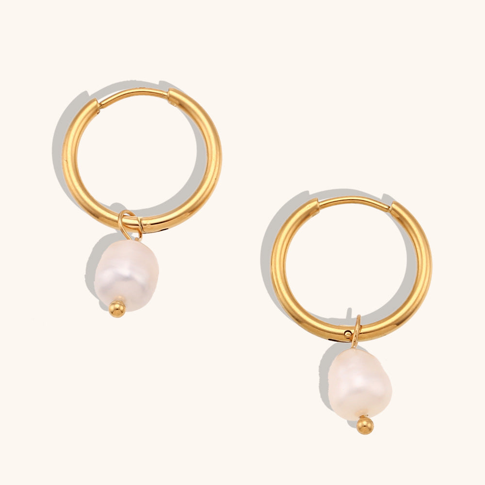 18K Gold Plated Stainless Steel & Freshwater Pearl 16mm Hoop Earring