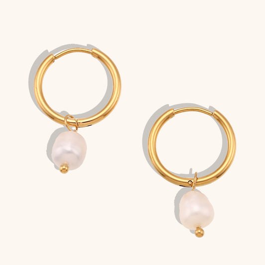 18K Gold Plated Stainless Steel & Freshwater Pearl 16mm Hoop Earring