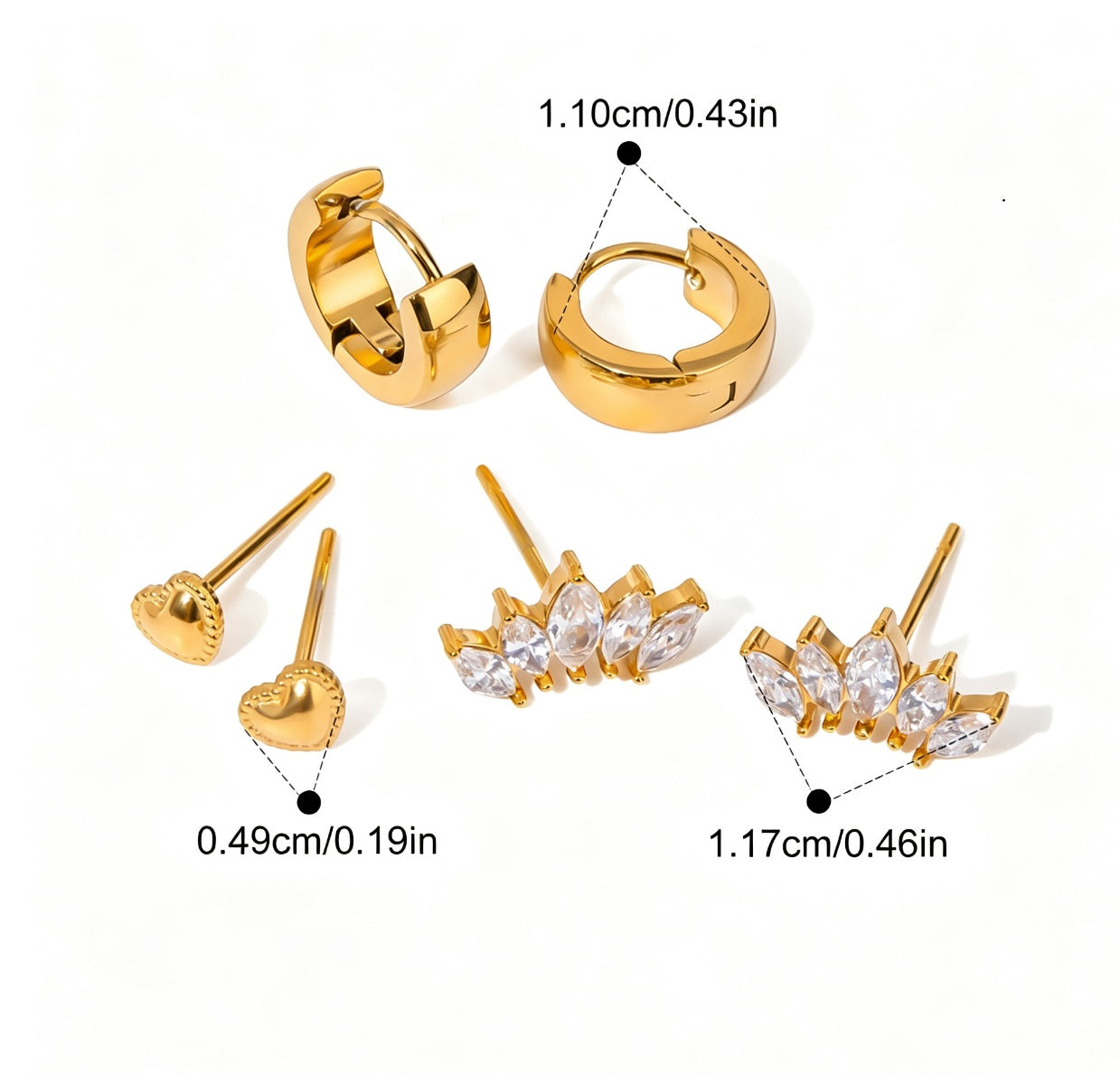 18K Gold Plated Stainless Steel set of prs Earrings ,Huggie, Heart Stud, Cz Stud
