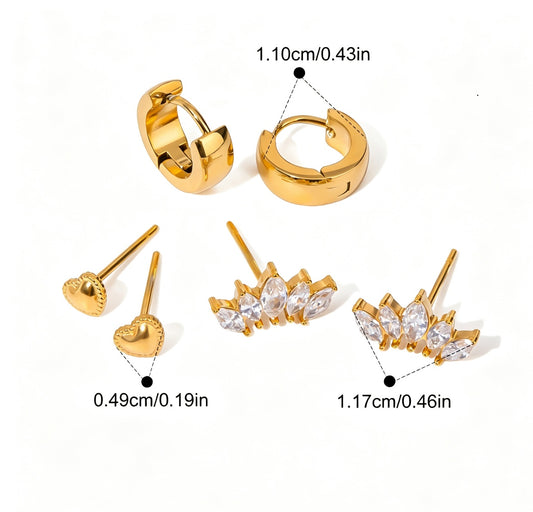 18K Gold Plated Stainless Steel set of prs Earrings ,Huggie, Heart Stud, Cz Stud