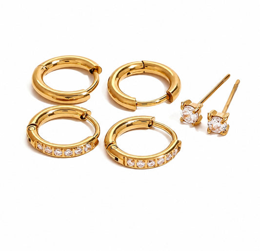 18K Gold Plated Stainless Steel set of 3prs Earrings Huggie,Huggie with CZ , CZ Stud