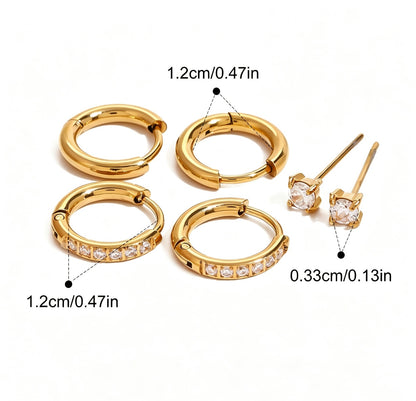 18K Gold Plated Stainless Steel set of 3prs Earrings Huggie,Huggie with CZ , CZ Stud