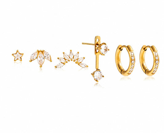 18K Gold Plated Stainless Steel set of 6 studs and Huggies assorted + CZ