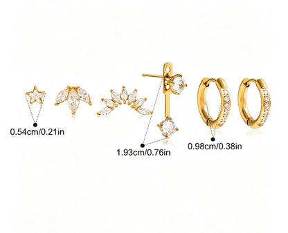 18K Gold Plated Stainless Steel set of 6 studs and Huggies assorted + CZ