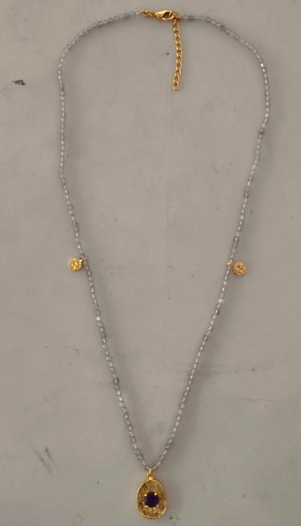 Labradorite Facet Beads & Amethyst Pendant Gold Plated on Brass 42 +3cm