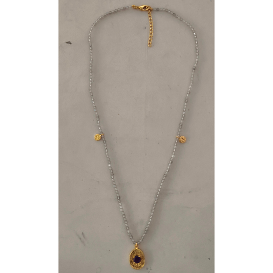 Labradorite Facet Beads & Amethyst Pendant Gold Plated on Brass 42 +3cm