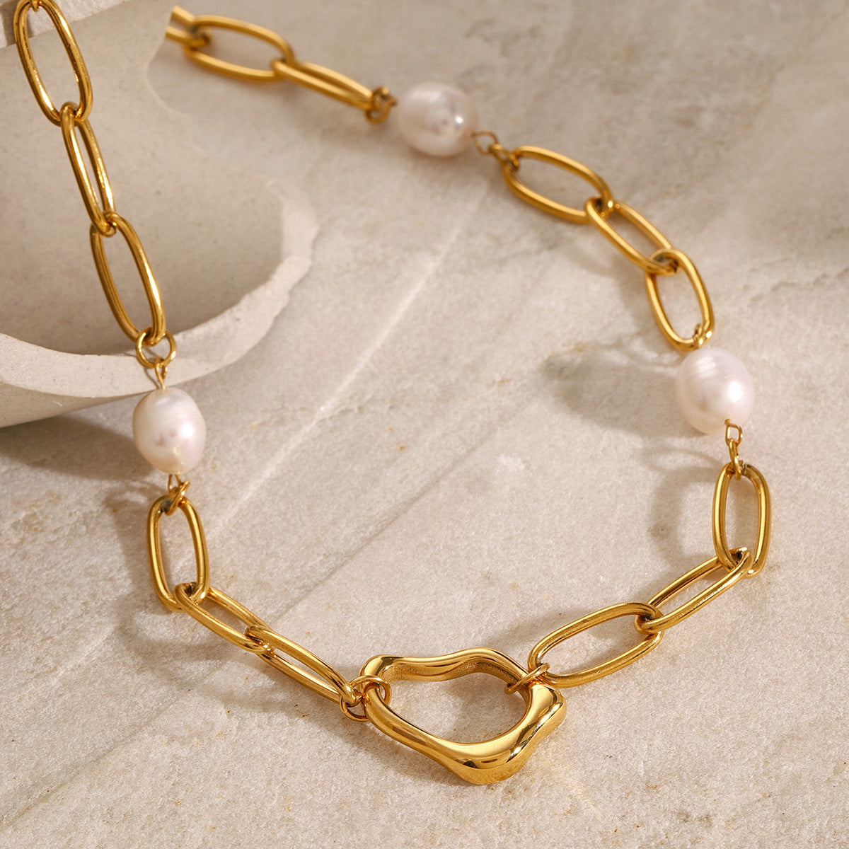 18K Gold Plated Stainless Steel & Fresh Water Pearl Necklace Oval links & 4 Pearls