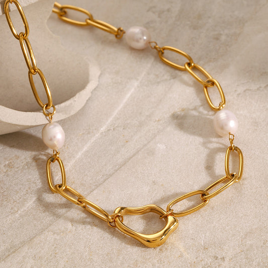 18K Gold Plated Stainless Steel & Fresh Water Pearl Necklace Oval links & 4 Pearls