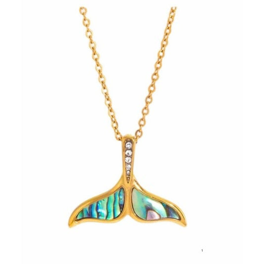 18K Gold Plated Stainless Steel Whale Tail Pendant 20mm  with Paua Shell & CZ on 41+5cm Chain