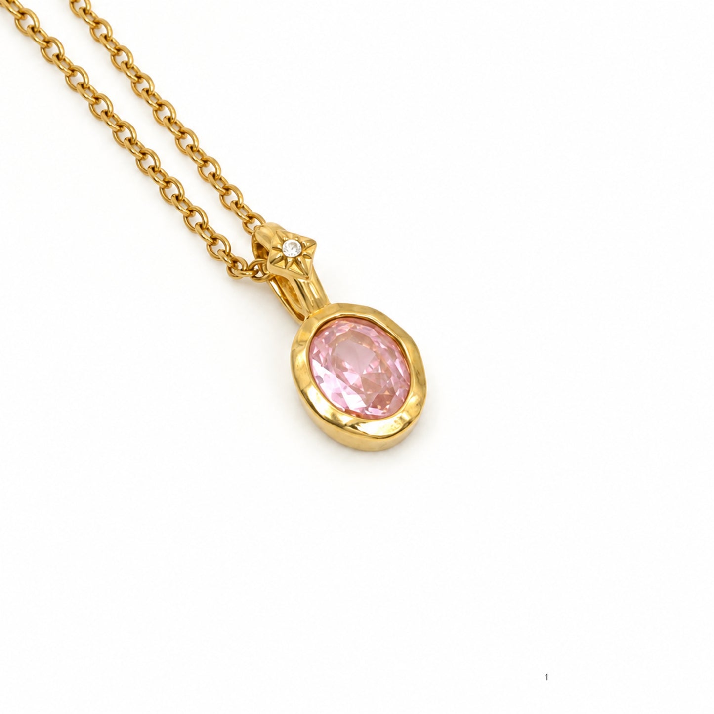 18K Gold Plated Stainless Steel Necklace with Pink CZ pendant 20mm and 40+5cm Chain