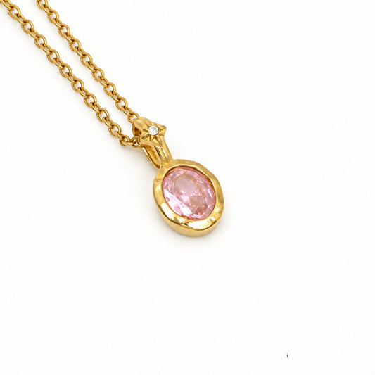 18K Gold Plated Stainless Steel Necklace with Pink CZ pendant 20mm and 40+5cm Chain