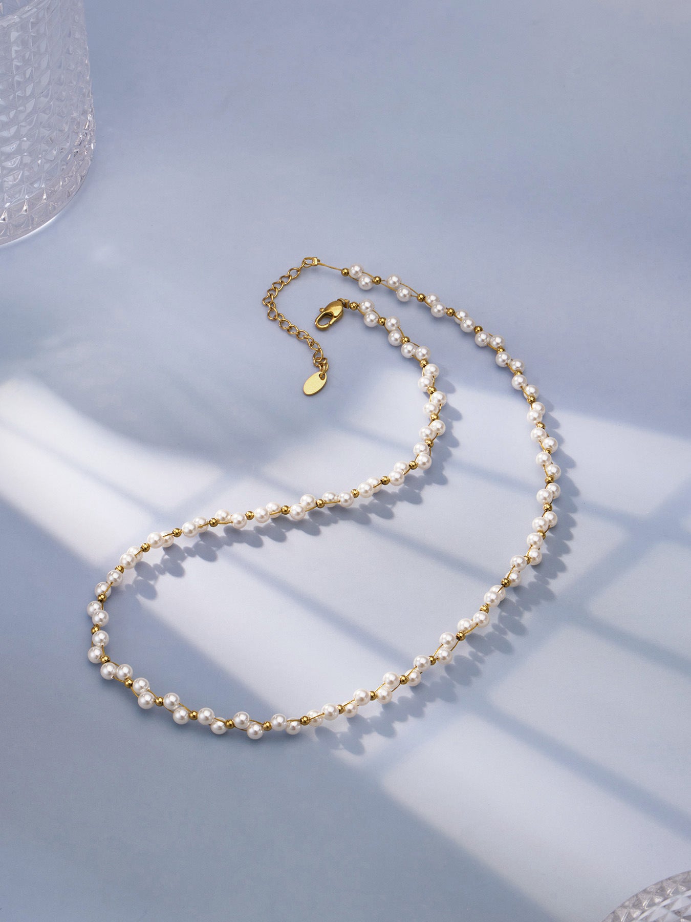 18K Gold Plated Stainless Steel Glass Pearl necklace 45.5+5cm