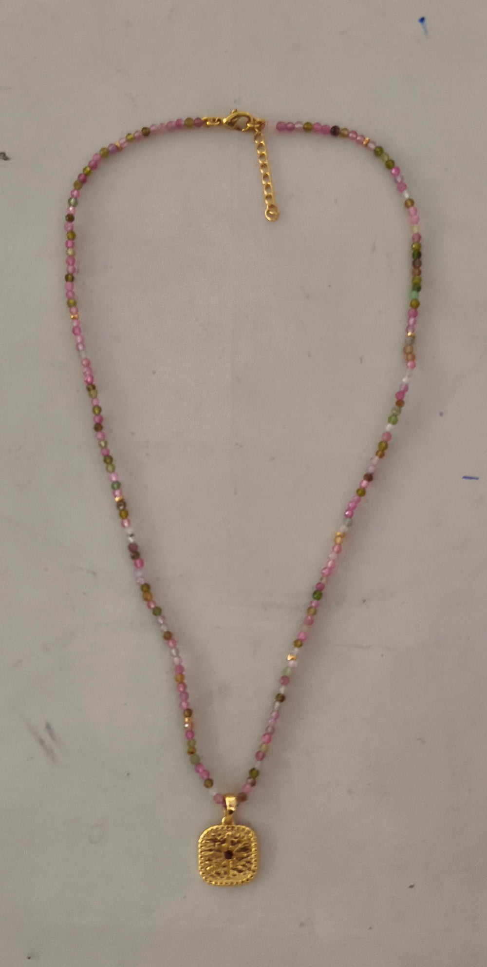 Multi Tourmaline Facet Beads & Gold Plated on Brass pendant with small Garnet Necklace 42 + 3cm