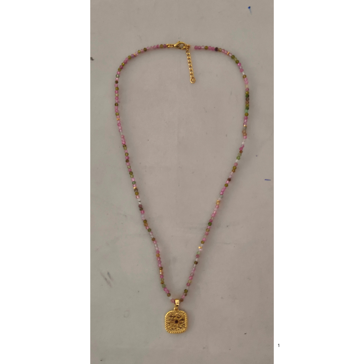 Multi Tourmaline Facet Beads & Gold Plated on Brass pendant with small Garnet Necklace 42 + 3cm