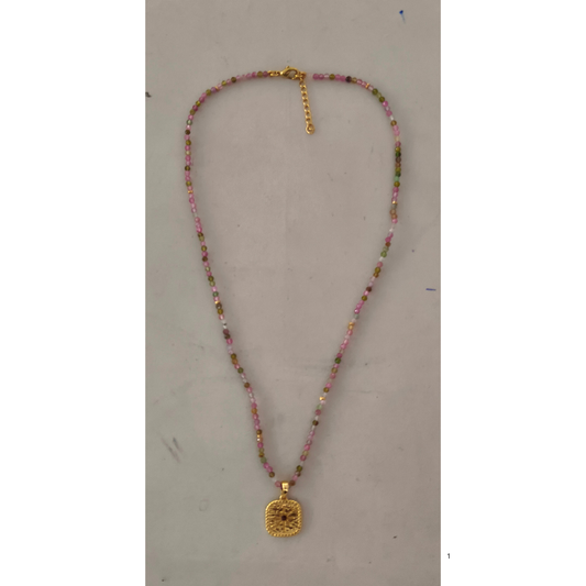 Multi Tourmaline Facet Beads & Gold Plated on Brass pendant with small Garnet Necklace 42 + 3cm