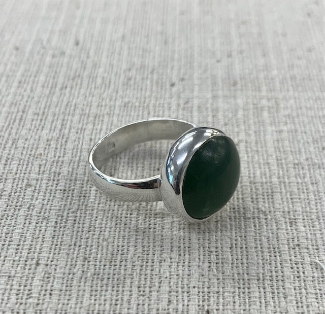 Pounamu 12mm round cabochon ring sterling silver large